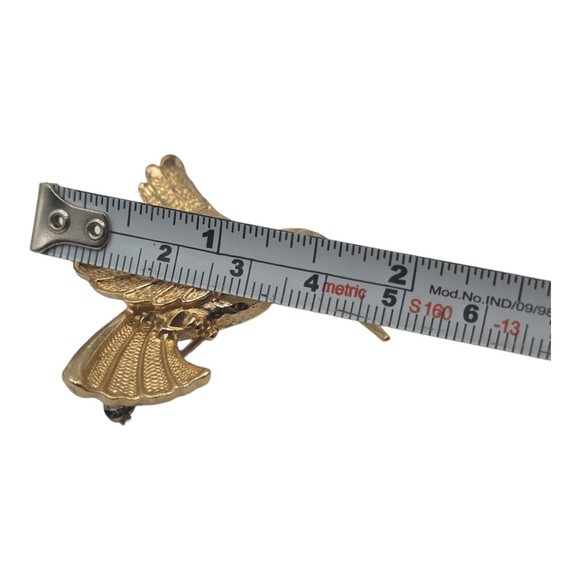 Hummingbird Pin Brooch Red Rhinestone Eye Gold Tone Bird Flying 2" Vintage Read - Picture 8 of 13